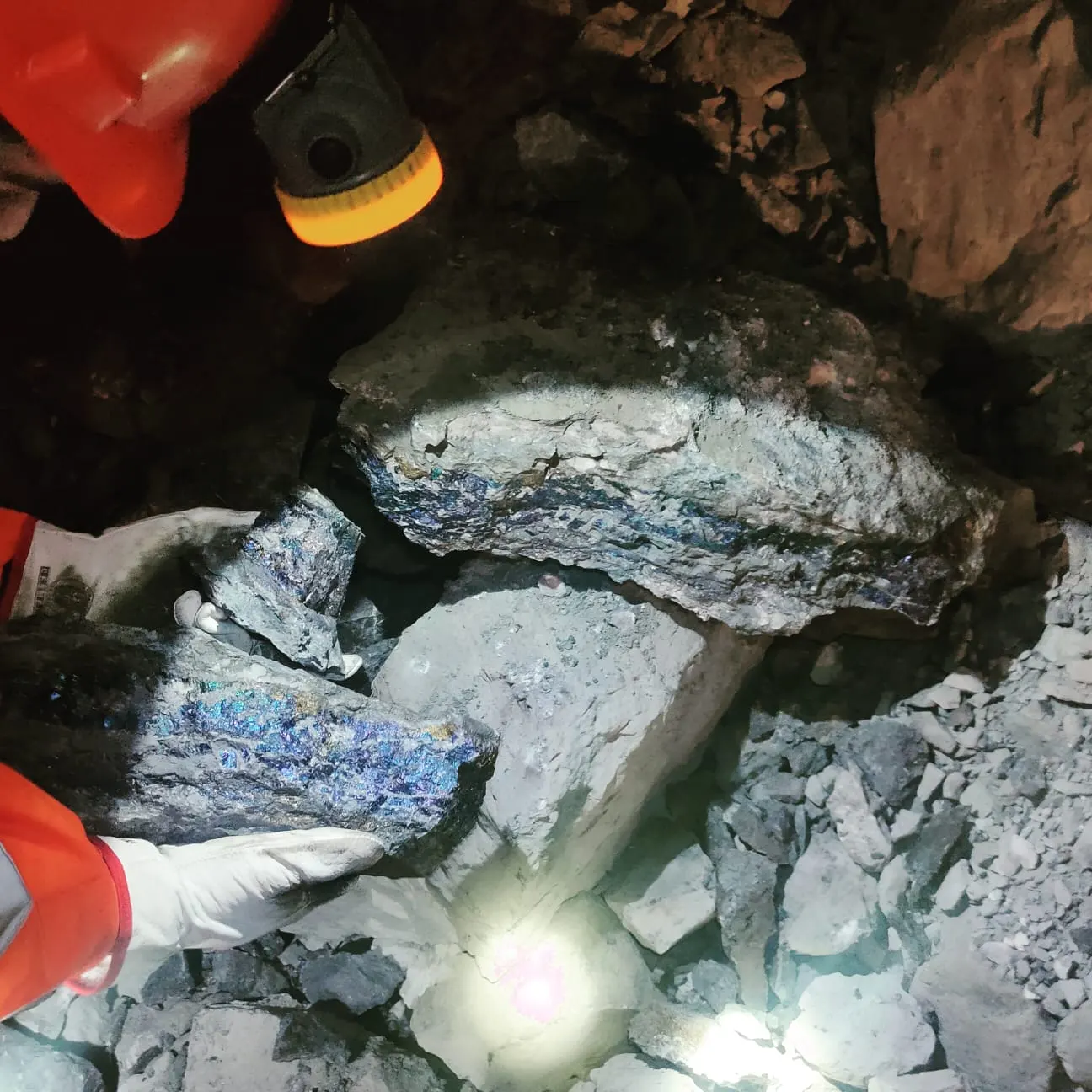 El instructor sosteniendo una muestra de roca en faena
