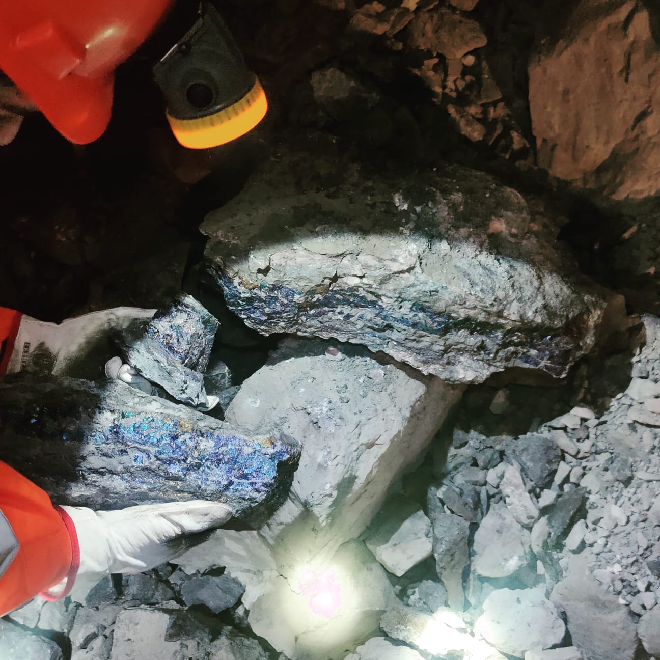 El instructor sosteniendo una muestra de roca en faena
